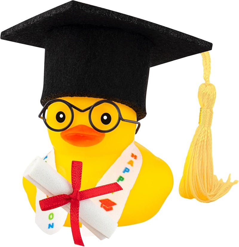 wonuu هدية تخرج بطة مطاطية لتزيين لوحة القيادة في السيارة، زينة سيارة بطة مطاطية لنظارات قصر النظر، شارة تخرج، شهادة للتخرج، أصفر - Image 1